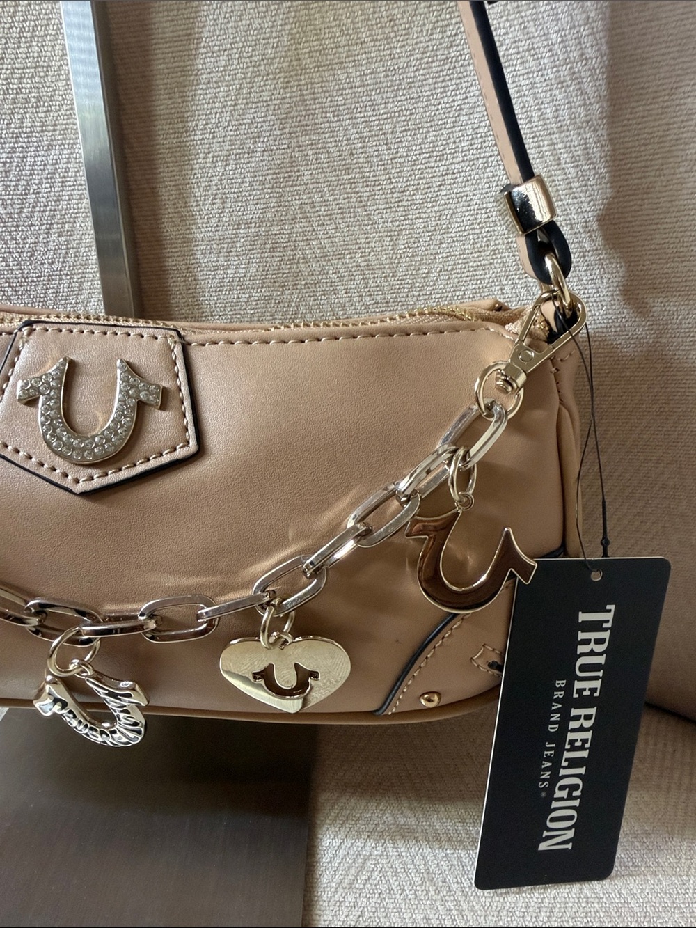 True Religion Beige Shoulder Bag with Silver Charm Chain - Picture 4 of 15